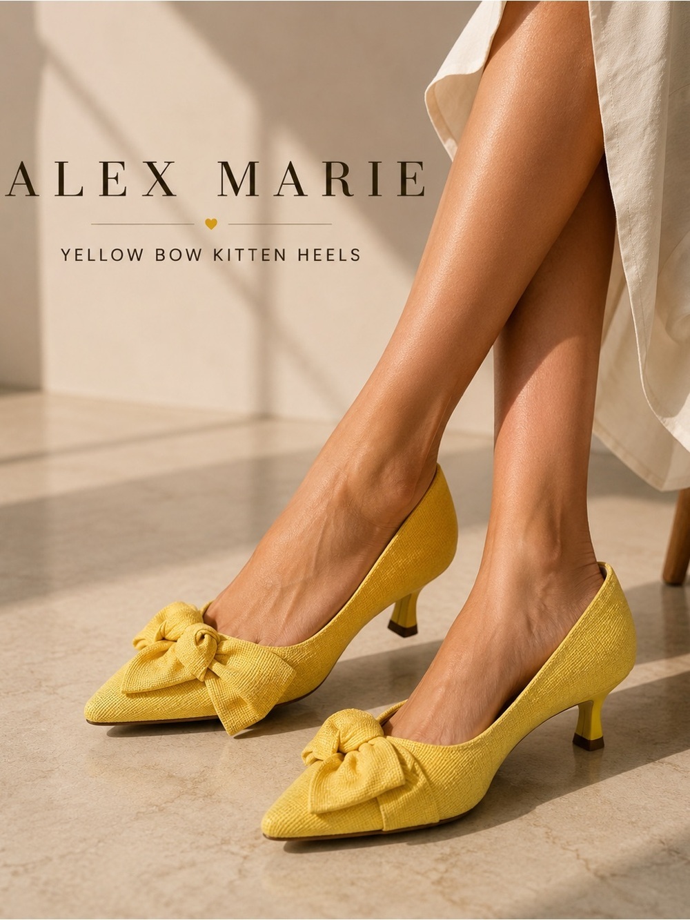 Alex Marie Yellow Bow Pointed Kitten Heels